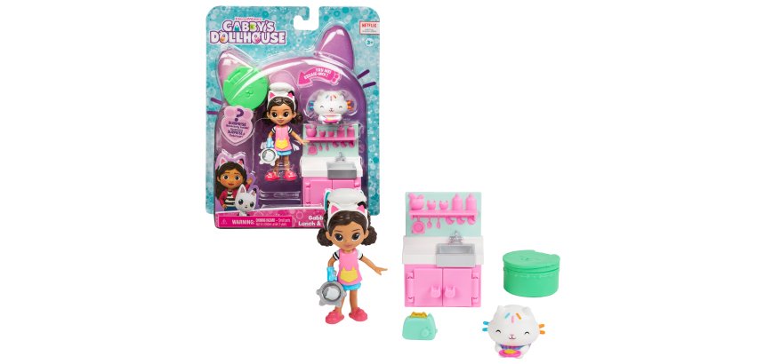 Gabby's Dollhouse , set Lunch and Munch Kitchen con 2 personaggi giocattolo, accessori e mobile, giocattolo per bambini dai 3 anni in su