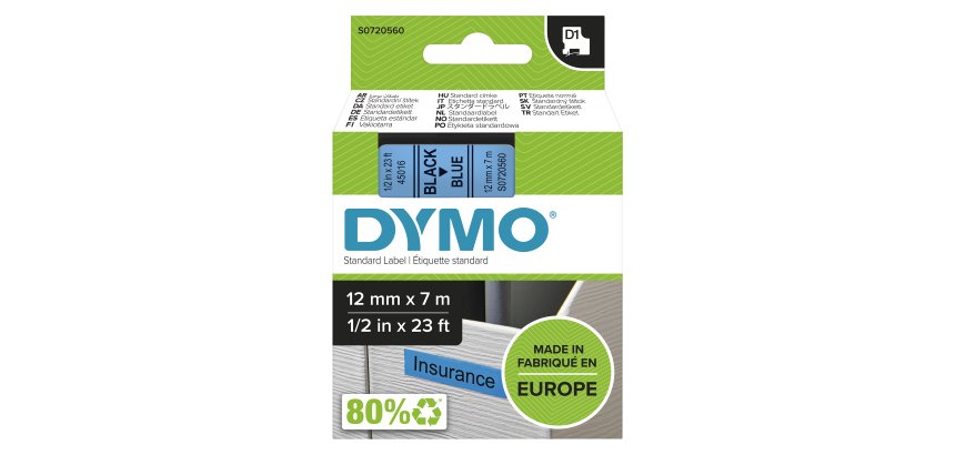 DYMO Authentic D1 Labels | Black Print on Blue Tape | 12 mm x 7 m | Self-Adhesive Labels for LabelManager Label Makers | Made in Europe