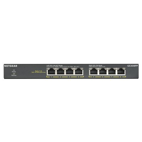 NETGEAR GS308PP Non-géré Gigabit Ethernet (10/100/1000) Connexion Ethernet, supportant l'alimentation via ce port (PoE) Noir