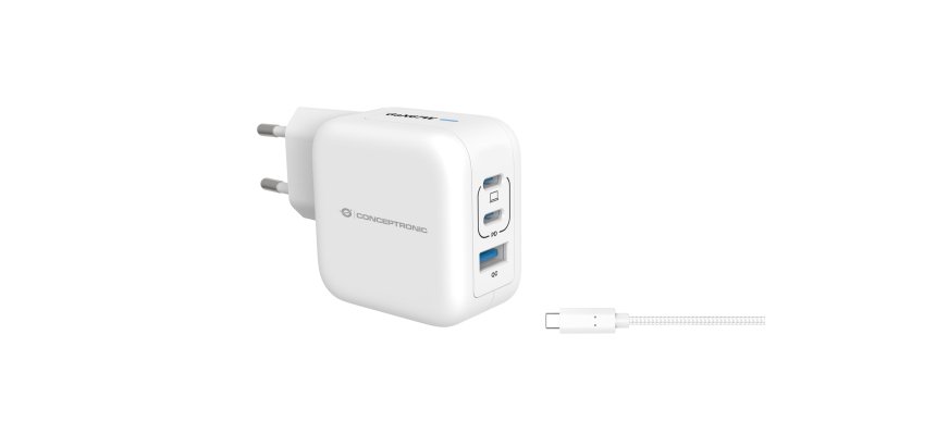 Conceptronic 3-Port 67W GaN USB PD Charger with USB-C Charging Cable, USB-C x 2, USB-A x 1, QC 3.0, PPS