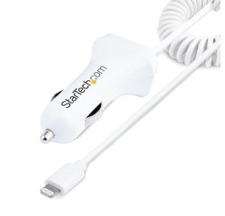 StarTech.com Lightning Car Charger with Coiled Cable, 1m Coiled Lightning Cable, 12W, White, 2 Port USB Car Charger Adapter for Phones and Tablets, Dual Device In Car iPhone Charger