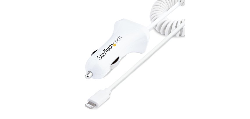 StarTech.com Lightning Car Charger with Coiled Cable, 1m Coiled Lightning Cable, 12W, White, 2 Port USB Car Charger Adapter for Phones and Tablets, Dual Device In Car iPhone Charger