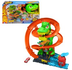 Hot Wheels City T-Rex Blaze Battle Playset & 1:64 Scale Die-Cast Car, Dinosaur Nemesis