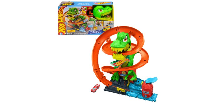 Hot Wheels City T-Rex Blaze Battle Playset & 1:64 Scale Die-Cast Car, Dinosaur Nemesis