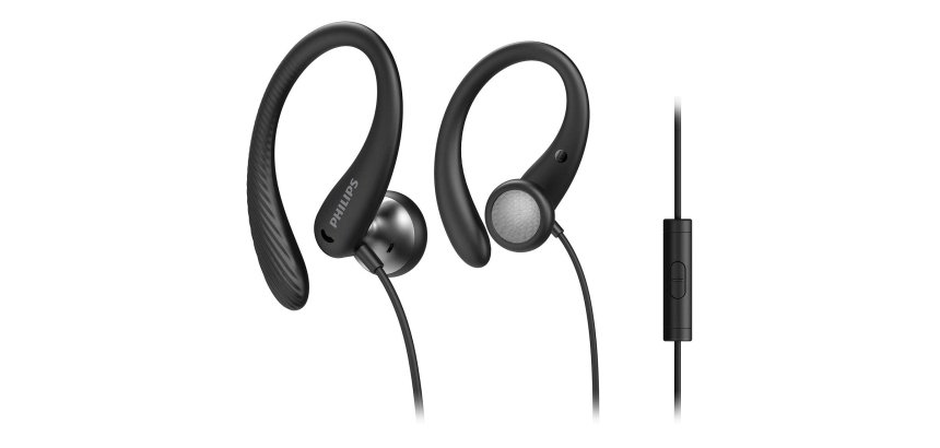 Philips TAA1105BK/00 Cuffie con Filo per Fitness e Sport, Microfono, IPX2 Resistenti al Sudore, Supporti per l'orecchio Flessibili, Vestibilità Sicura, Pulsanti Integrati, Auricolari con Filo, Nero