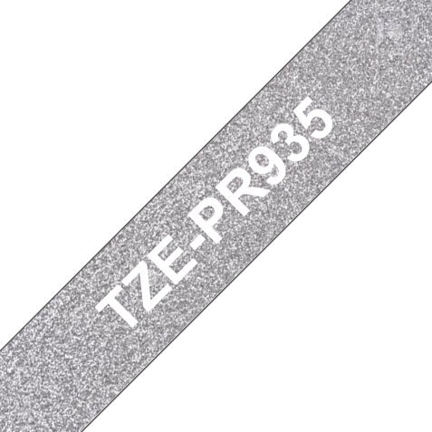 Ruban Tze-PR935 Laminé, 12mmx8m Blanc sur fond Argent Premium TZe-PR935