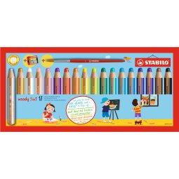 Woody 3in1 crayon de couleur - Etui carton de 18 crayons + taille-crayon + pinceau rond