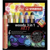 Woody 3in1 ARTY crayon de couleur - Etui carton de 6 crayons + taille-crayon - Coloris assortis