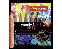 Crayon de couleur stabilo woody 3in1 arty               multi-surfaces effacable etui carton 6 unites et