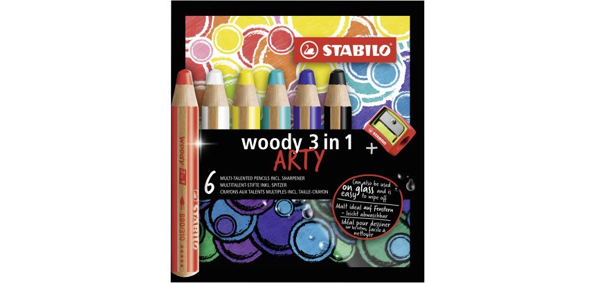 Woody 3in1 ARTY crayon de couleur - Etui carton de 6 crayons + taille-crayon - Coloris assortis