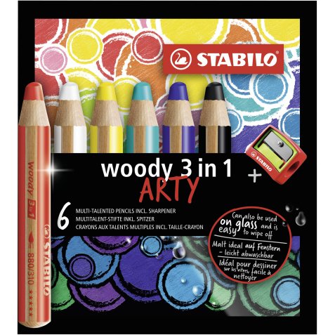 Crayon de couleur stabilo woody 3in1 arty               multi-surfaces effacable etui carton 6 unites et