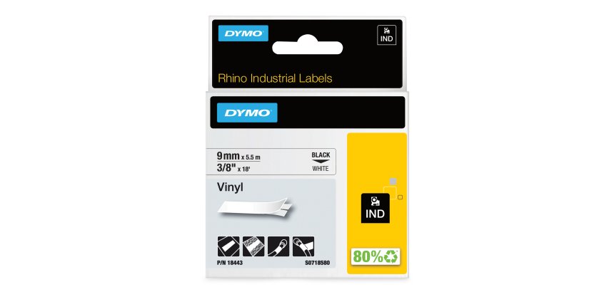 DYMO Rhino Industrial Vinyl Labels | 9 mm x 5.5 m | Black Print on White | Self-Adhesive | for Rhino & LabelManager Label Makers