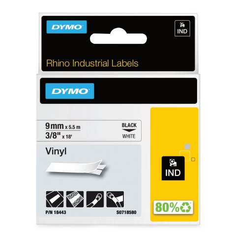 DYMO Rhino etiquetas industriales de vinilo | 9 mm x 5,5 m | de color negro sobre fondo blanco