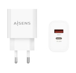 AISENS Cargador 20W, 1xUSB-C PD3.0, 1xUSB-A QC3.0, Blanco