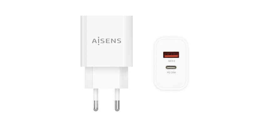AISENS Cargador 20W, 1xUSB-C PD3.0, 1xUSB-A QC3.0, Blanco