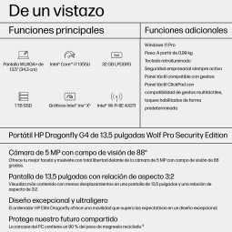 HP Dragonfly 13.5 G4 Intel® Core™ i7 i7-1355U Portátil 34,3 cm (13.5") WUXGA+ 32 GB LPDDR5-SDRAM 1 TB SSD Wi-Fi 6E (802.11ax) Windows 11 Pro Azul