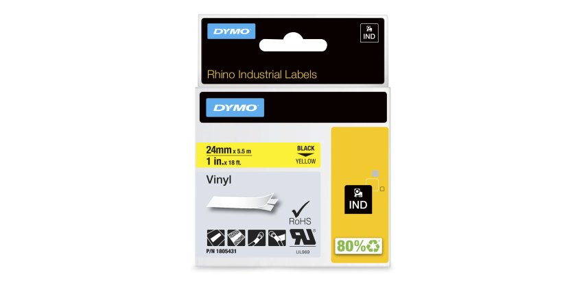 DYMO Rhino Industrial Vinyl Labels | 24 mm x 5.5 m | Black Print on Yellow | Self-Adhesive | for LabelManager & Rhino Label Makers