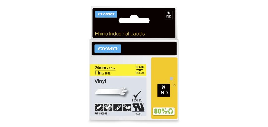 DYMO Rhino Industrial Vinyl Labels | 24 mm x 5.5 m | Black Print on Yellow | Self-Adhesive | for LabelManager & Rhino Label Makers
