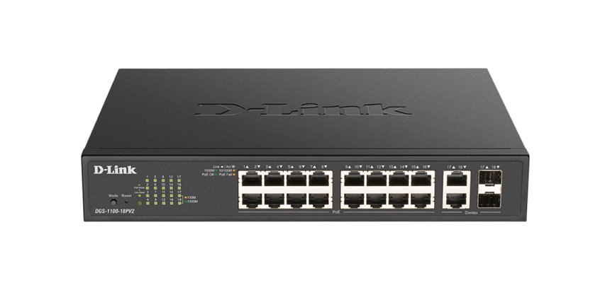 D-Link DGS-1100-18PV2 commutateur réseau Géré L2 Gigabit Ethernet (10/100/1000) Connexion Ethernet, supportant l'alimentation via ce port (PoE) 1U Noir