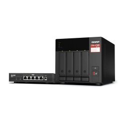 QNAP TS-473A + QSW-1105-5T Bundle Pack NAS Tower Ryzen Embedded V1500B 8 Go DDR4 0 To QNAP Turbo System Noir