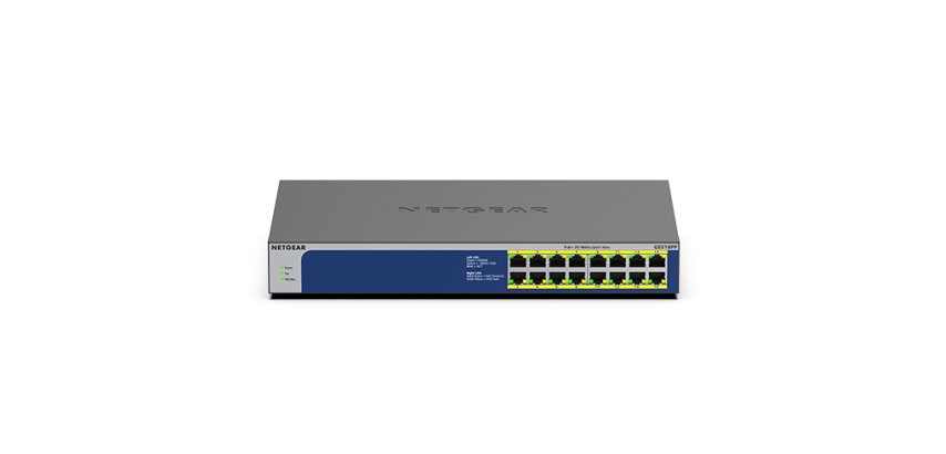 NETGEAR GS516PP Non-géré Gigabit Ethernet (10/100/1000) Connexion Ethernet, supportant l'alimentation via ce port (PoE) Bleu, Gris