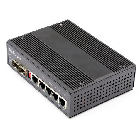 StarTech.com Switch Conmutador Industrial Ethernet Gigabit 6 Puertos - 4x RJ45 PoE - 2 Ranuras SFP PoE+ de 30W 12-48VDC DIN (IES1G52UP12V)