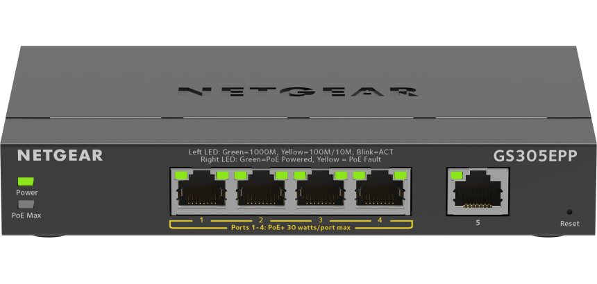NETGEAR 5-Port Gigabit Ethernet High-Power PoE+ Plus Switch (GS305EPP) Géré L2/L3 Gigabit Ethernet (10/100/1000) Connexion Ethernet, supportant l'alimentation via ce port (PoE) Noir