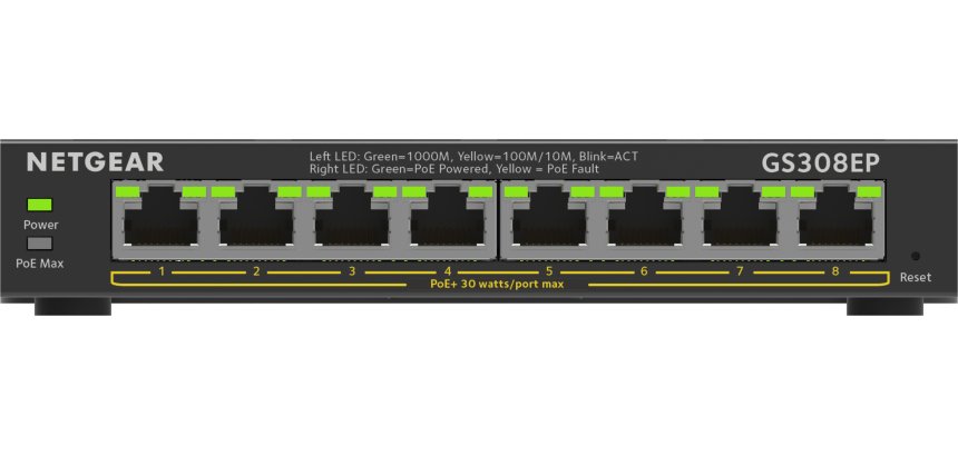 NETGEAR 8-Port Gigabit Ethernet PoE+ Plus Switch (GS308EP) Gestionado L2/L3 Gigabit Ethernet (10/100/1000) Energía sobre Ethernet (PoE) Negro