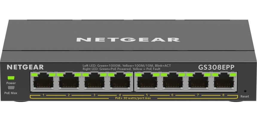 NETGEAR 8-Port Gigabit Ethernet High-Power PoE+ Plus Switch (GS308EPP) Géré L2/L3 Gigabit Ethernet (10/100/1000) Connexion Ethernet, supportant l'alimentation via ce port (PoE) Noir