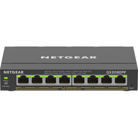 NETGEAR 8-Port Gigabit Ethernet High-Power PoE+ Plus Switch (GS308EPP) Géré L2/L3 Gigabit Ethernet (10/100/1000) Connexion Ethernet, supportant l'alimentation via ce port (PoE) Noir