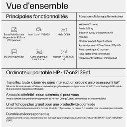 HP 17-cn2139nf Intel® Core™ i7 i7-1255U Ordinateur portable 43,9 cm (17.3") Full HD 16 Go DDR4-SDRAM 512 Go SSD Wi-Fi 5 (802.11ac) Windows 11 Home Argent