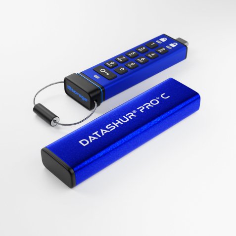 iStorage datAshur PRO+C 256GB | Secure USB Type-C Memory Stick | FIPS 140-3 Level 3 pending | PIN protected | Type C-A adapter included.