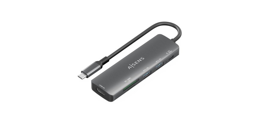 AISENS USB-C Dock 6 en 1, USB-C A, 1x HDMI, 2x USB-A, 1x USB-C PD 100W, 1x SD, 1x MicroSD, Gris, 15cm