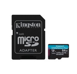 Kingston Technology Tarjeta microSDXC Canvas Go Plus Gen4 de 64 GB, 200 MB/s, A2 U3 V30 y adaptador