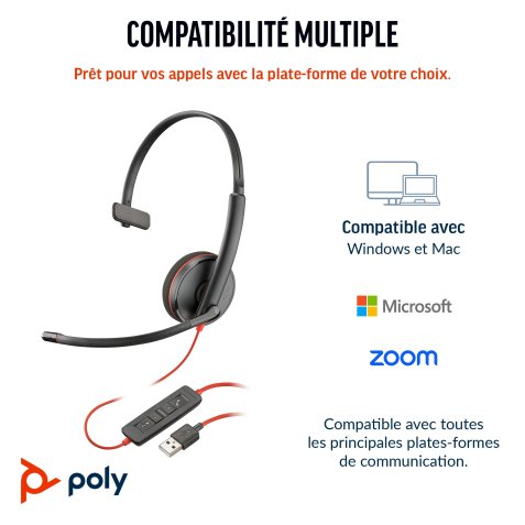 Poly Micro-casque monaural USB-C Blackwire 3210 + adaptateur USB-C/A (lot)