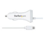 StarTech.com Lightning Car Charger with Coiled Cable, 1m Coiled Lightning Cable, 12W, White, 2 Port USB Car Charger Adapter for Phones and Tablets, Dual Device In Car iPhone Charger