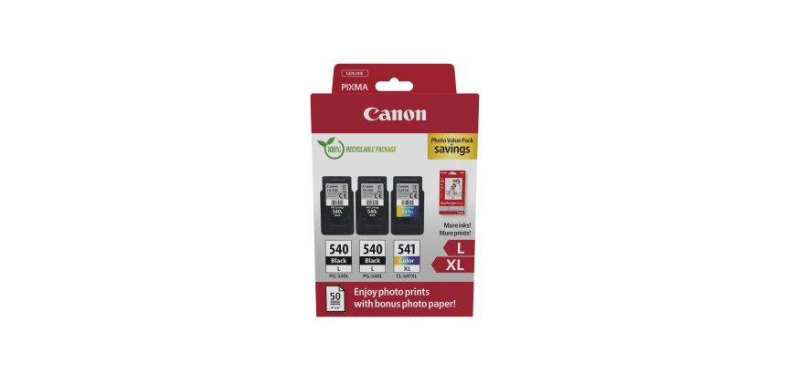 CANON PG-540L + CL-541XL Pack 3 cartouches 2 noires + 1 couleur pour imprimante jet d'encre avec 50 papiers photo