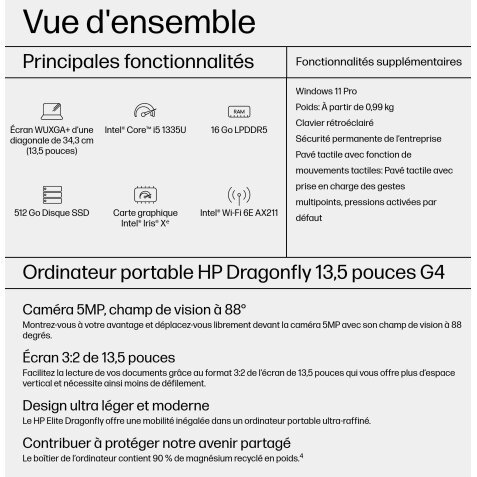 HP Dragonfly 13.5 G4 Intel® Core™ i5 i5-1335U Ordinateur portable 34,3 cm (13.5") WUXGA+ 16 Go LPDDR5-SDRAM 512 Go SSD Wi-Fi 6E (802.11ax) Windows 11 Pro Bleu