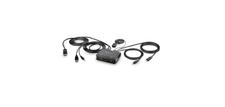 StarTech.com Switch KVM à Câble Hybride USB-C DisplayPort à 2 Ports, 4K 60Hz - Commutateur KVM avec Câbles hôtes intégrés USB-A/DisplayPort/Audio de 1,8m et USB-C de 1,2m - Switch KVM USB-C Alimenté par Bus