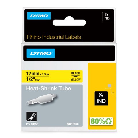 DYMO Rhino etiquetas industriales de tubo termorretráctil | 12 mm x 1,5 m | de color negro sobre fondo amarillo