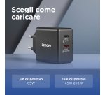 Lenovo Dual USB-C 65W GaN Charger, alimentatore compatto da muro con doppia Type-C, cavo USB-C 1,5 m incluso - ideale per laptop, cellulare e tablet: un solo caricabatterie per più dispositivi