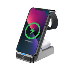 Celly WLSTAND3IN1BK cargador de dispositivo móvil Cámara digital, Mando para videojuegos, Auriculares, Teléfono móvil, Batería portátil, Smartphone, Reloj inteligente, Tableta, Ver, Wearables Gris Corriente alterna Cargador inalámbrico Interior