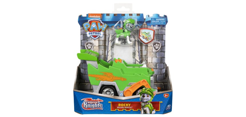 PAW Patrol Veicolo Rescue Knights di Rocky Camion per la Raccolta di rifiuti riciclabili con Personaggio Giochi Bambini dai 3 Anni in su