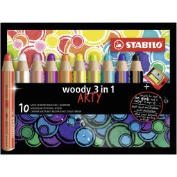 Woody 3in1 ARTY crayon de couleur - Etui carton de 10 crayons + taille-crayon - Coloris assortis