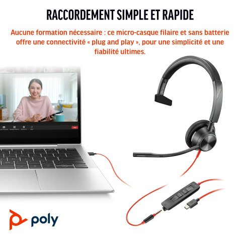 POLY Micro-casque Blackwire 3315 monaural USB-C certifié Microsoft Teams + connexion 3,5 mm + adaptateur USB-C/A