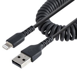 StarTech.com 50cm USB auf Lightning Kabel, Spiralkabel, MFi zertifiziert, Schnellladekabel für iPhone/iPad, Schwarz, robuster TPE Mantel mit Aramidfaser, USB 2.0 Kabel, Laden und Synchronisieren