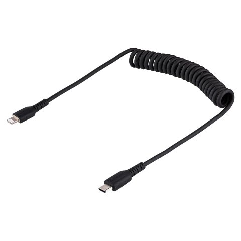 Cable de 50cm USB-C a Lightning MFi, Cable USB Tipo C Rizado de Carga Negro para iPhone Startech