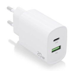 AISENS Cargador 20W, 1xUSB-C PD3.0, 1xUSB-A QC3.0, Blanco