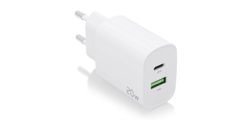 AISENS Cargador 20W, 1xUSB-C PD3.0, 1xUSB-A QC3.0, Blanco