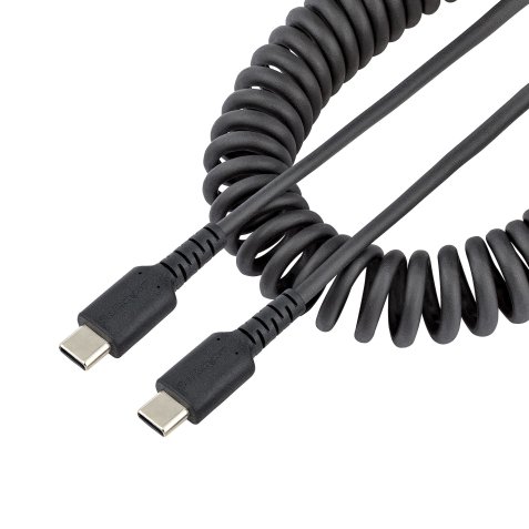 StarTech.com Cable de 1m de Carga USB C a USB C, Cable USB Tipo C Rizado de Carga Rápida y Servicio Pesado, Cable USB 2.0 USBC, de Fibra de Aramida Resistente, Negro